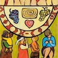 Menschen an einer Tafel, altertümlich gemalt
